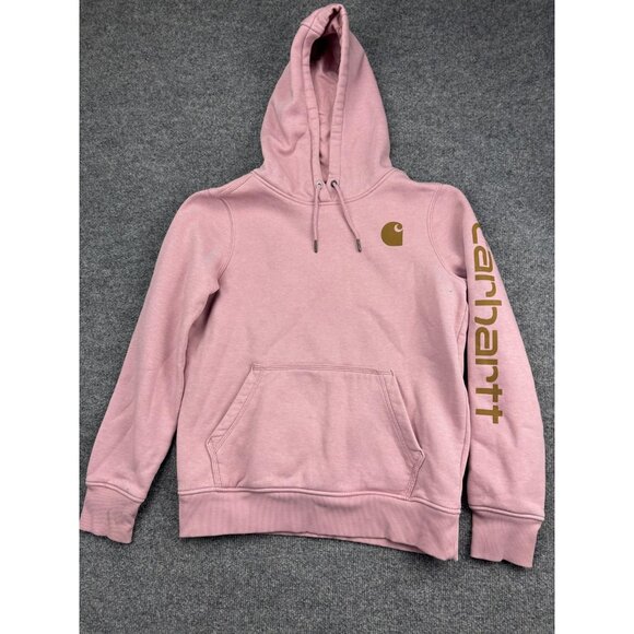 Carhartt Hoodie Womens Small Pink Relaxed Fit Graphic Sleeve Logo Fleece Lined - Picture 1 of 7